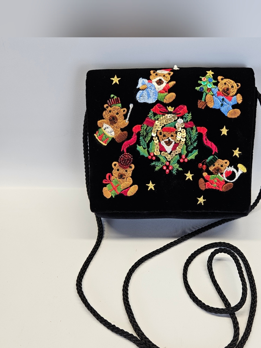 Vintage Velvet Christmas Purse Black Embriodered Teddy Bears Small Shoulder Flaw